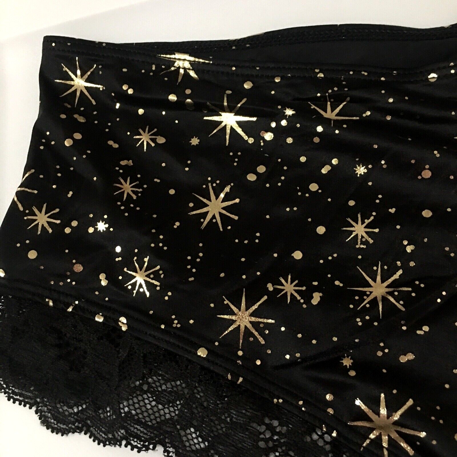 Victorias Secret Black Gold Stars Cheeky Panty Size S-M-L Micro Lace Inset Silky