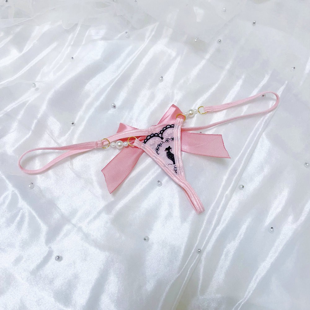 Sexy Thong Women’S Pearls Mini Panties Lace Thong Pink Cat Big Bow Lady Gstring