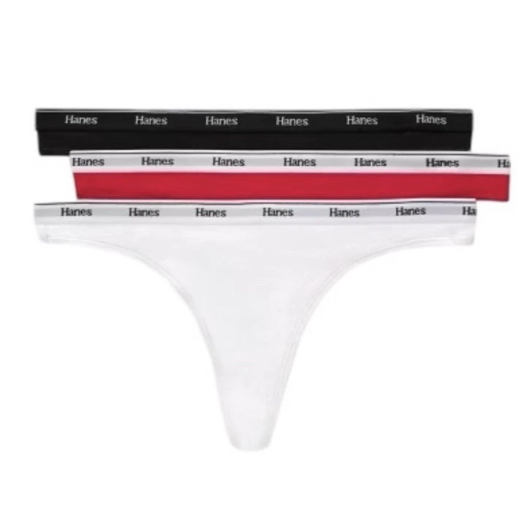 HANES Women’s 3-Pack Cotton Thong Underwear Panties Red Black White Size 7/L