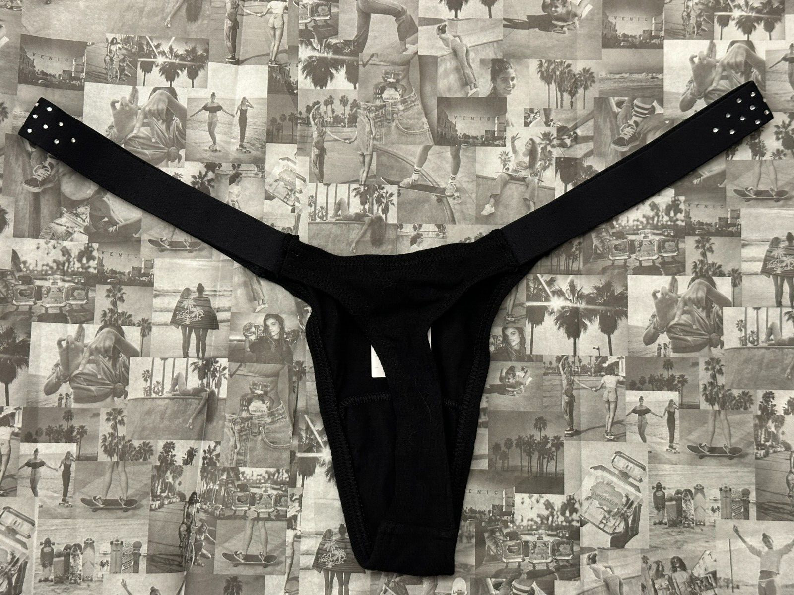 NWT Victoria’s Secret PINK Logo Cotton Shine Micro Thong Panty Black Diamante L