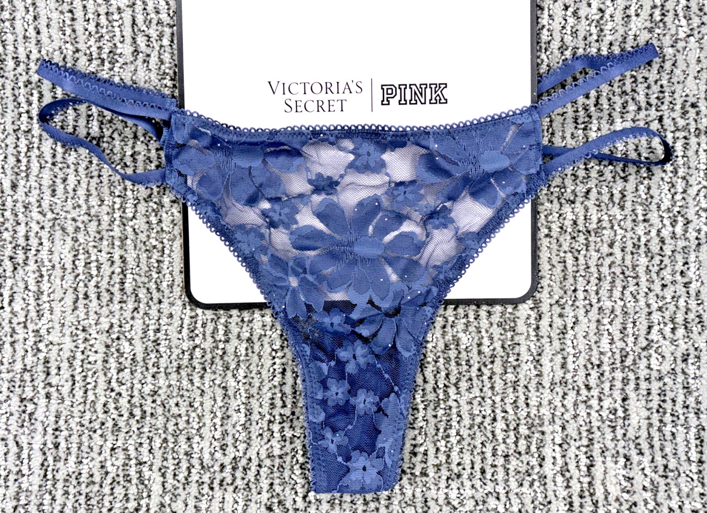 Victoria’s Secret PINK NWT Large Blue Sequin Strappy Lace Thong Panty Sexy Wink