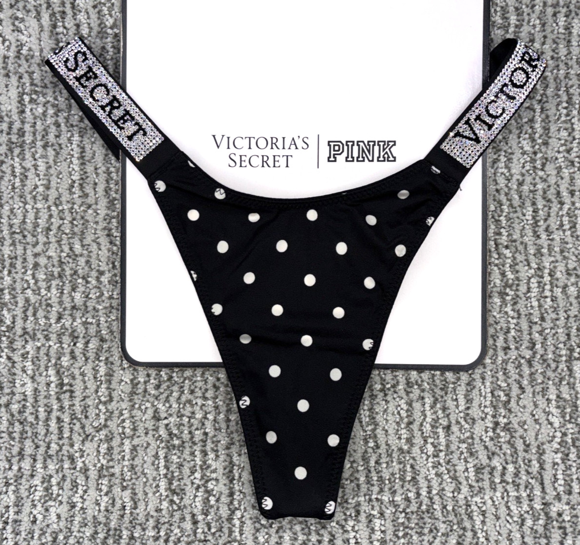 Victoria’s Secret Very Sexy NWT XS Black Polka Dot Shine Strap Thong Panty Bling