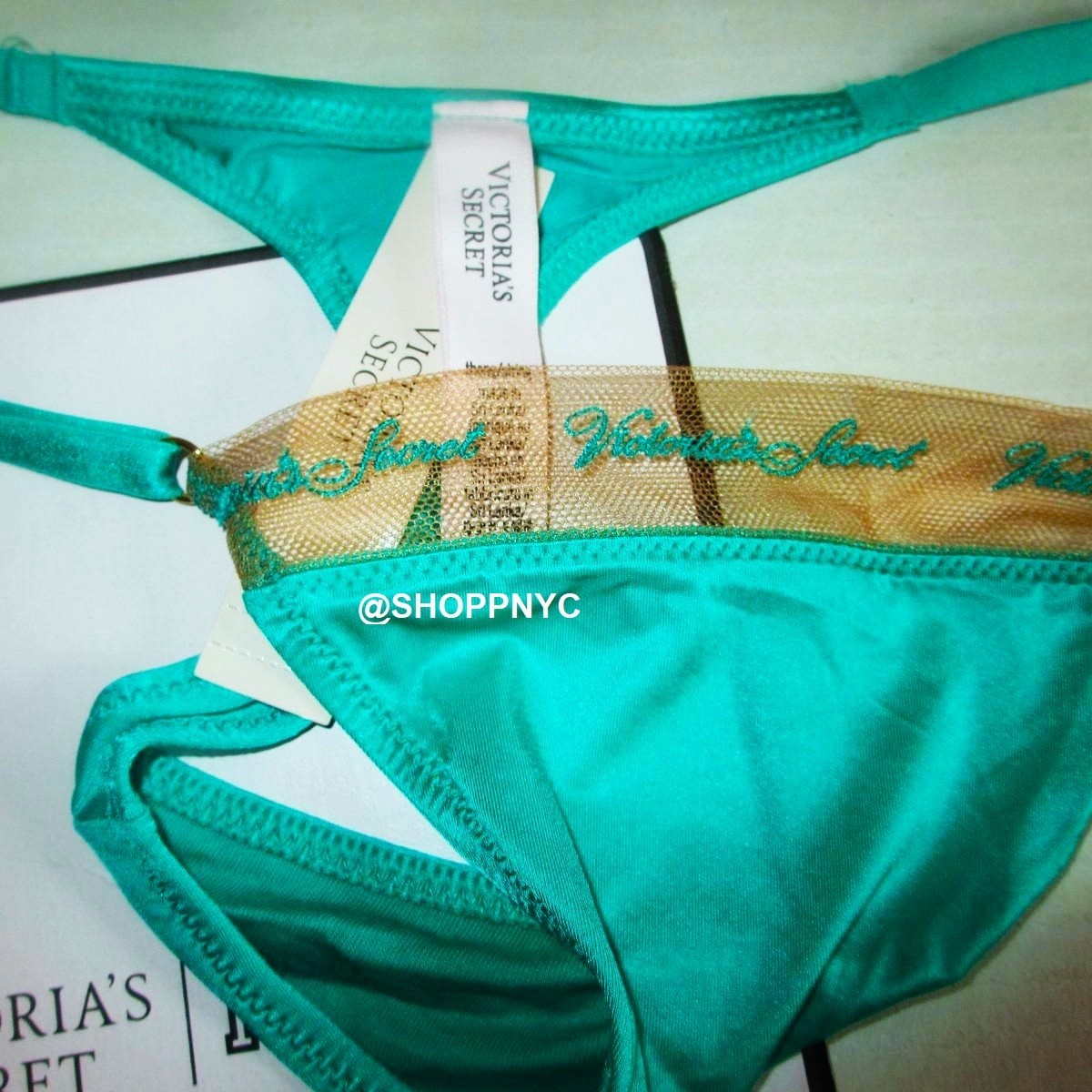 VICTORIA SECRET V-String Thong Panty S M L XL Logo Embroidery Aqua Green Rare