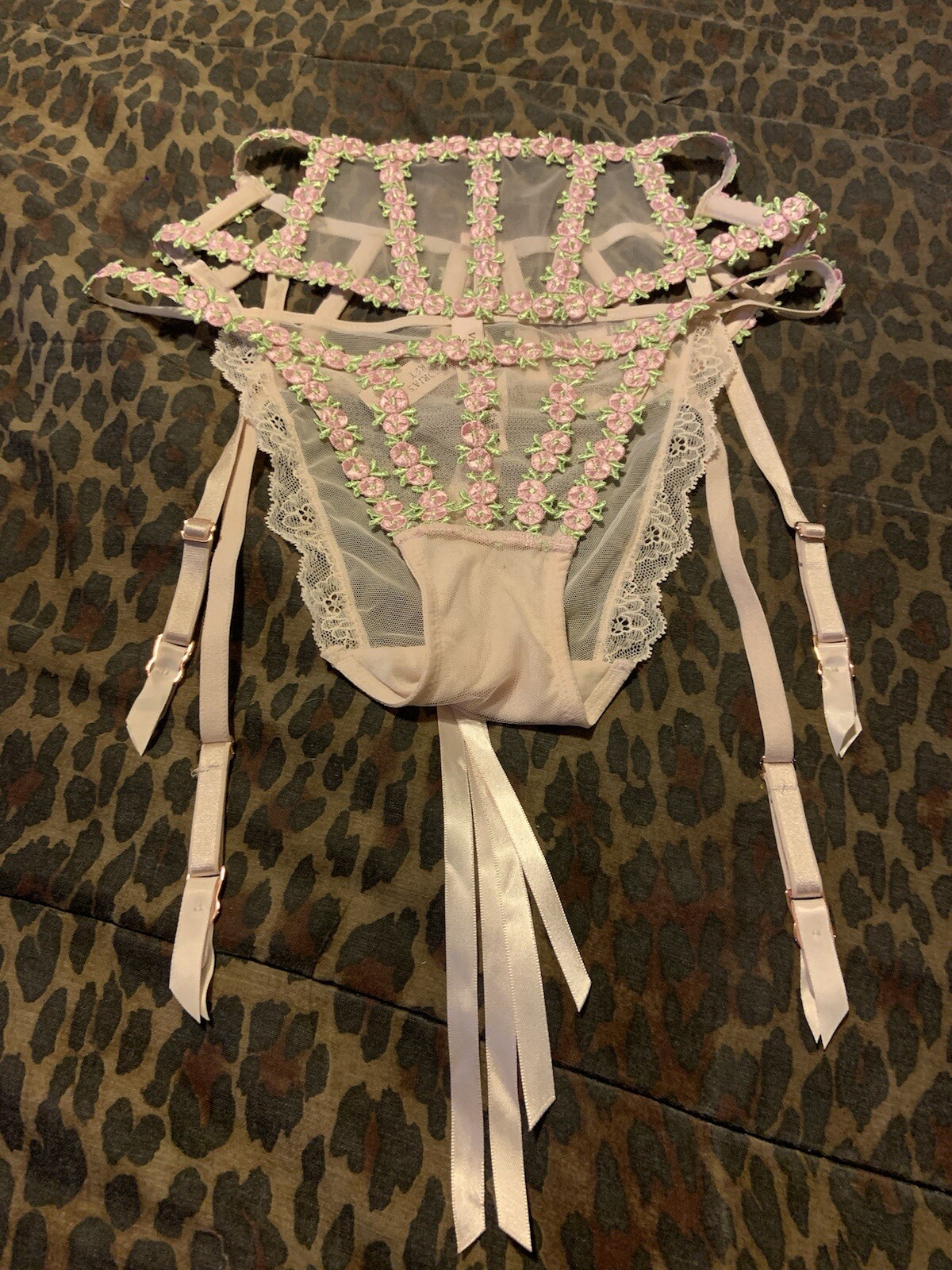 Victoria Secret Dream Angels Pink Rosebud Embroidery Garter/Bikini Set NWT Small