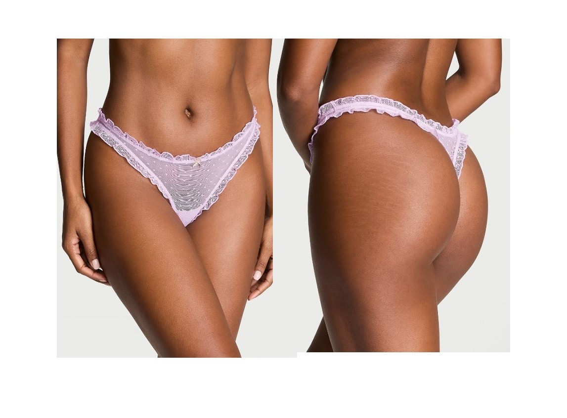 VICTORIA’S SECRET Ruffle Thong Panty M L XL Polka Dot Lavender Mesh Gold Bow