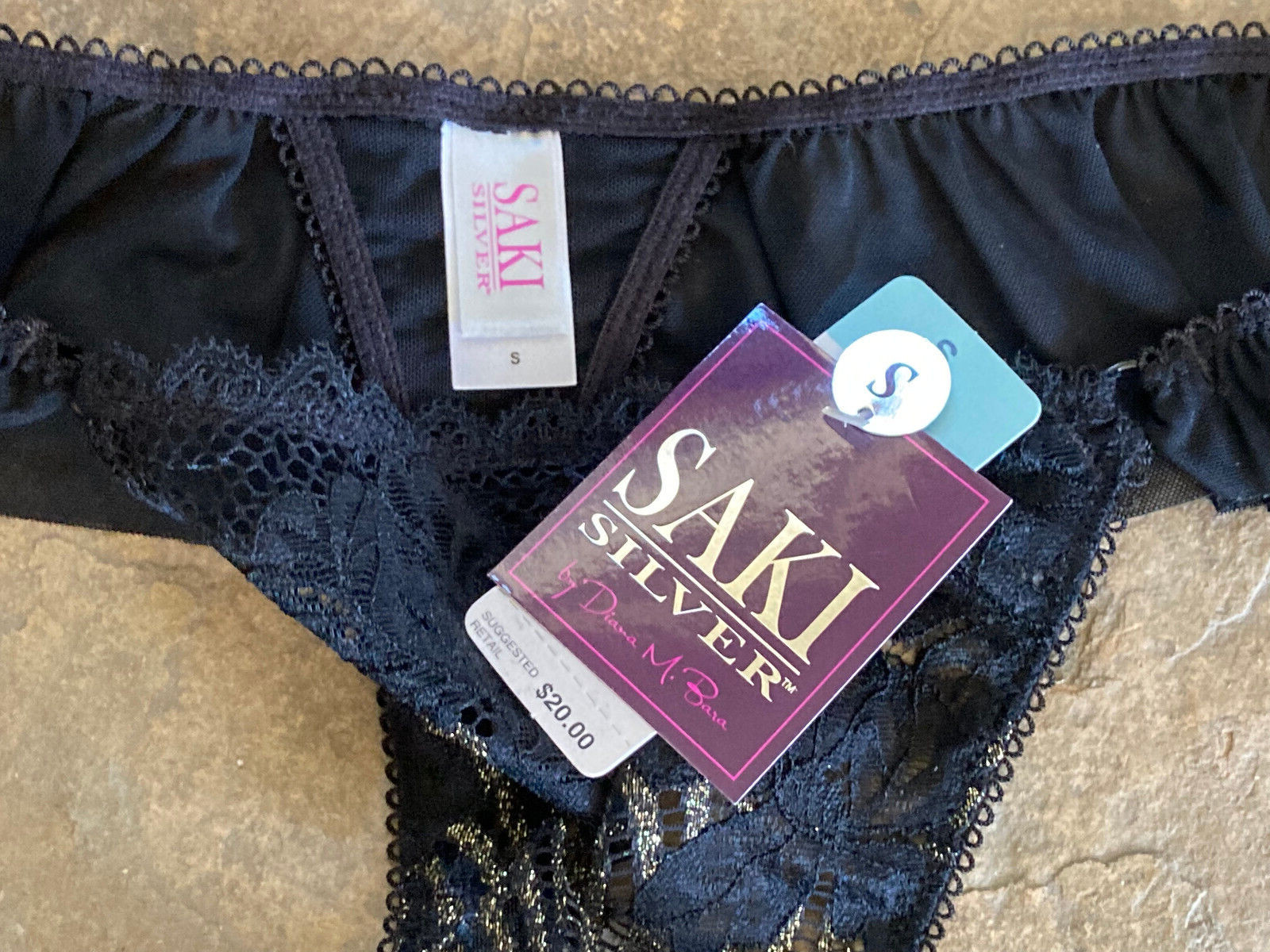 722 SAKI SILVER Sm Black Ruffle Waist Glitter Hoop Front Thong Panty NWT #240