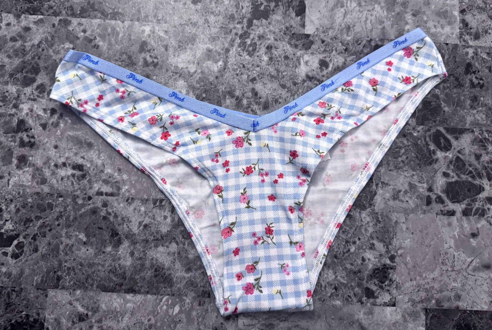 NWT VICTORIA’S SECRET PINK GINGHAM PLAID FLORAL V STYLE TANGA CHEEKY PANTIES