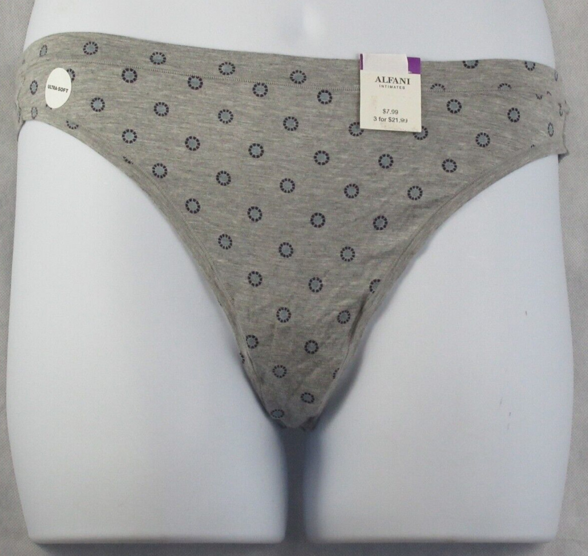 Alfani Women’s Ultra Soft Rayon Thong Panty Underwear, Gray Geometric, XXL