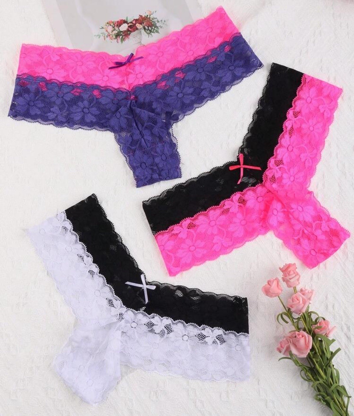 Women’s Lace Floral Lingerie Thong Panties Pink Blue Black Orange Bow 6pk XXL