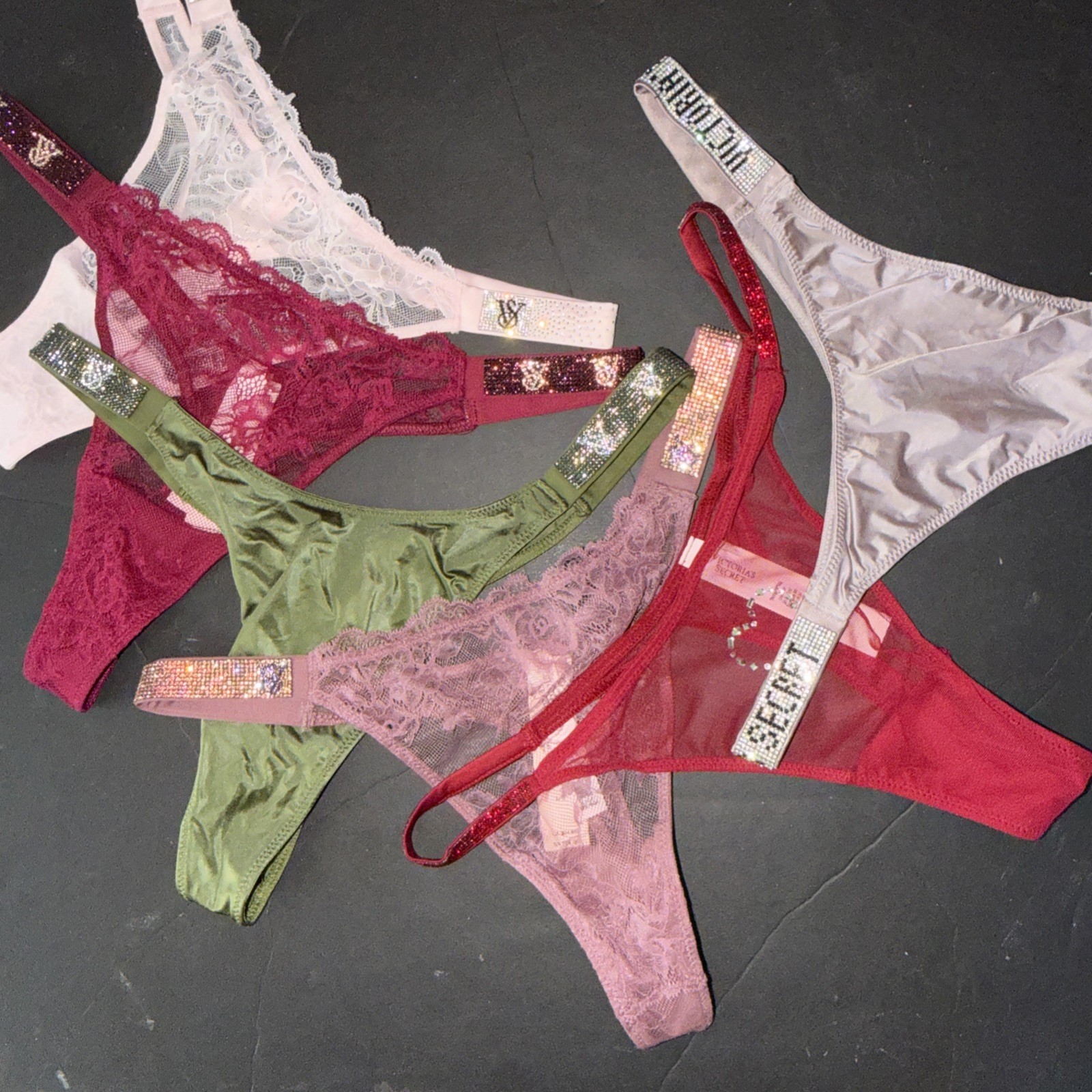 Victoria’s Secret L THONG PANTY LOT Green Taupe Gray Red Kir Pink SHINE STRAP