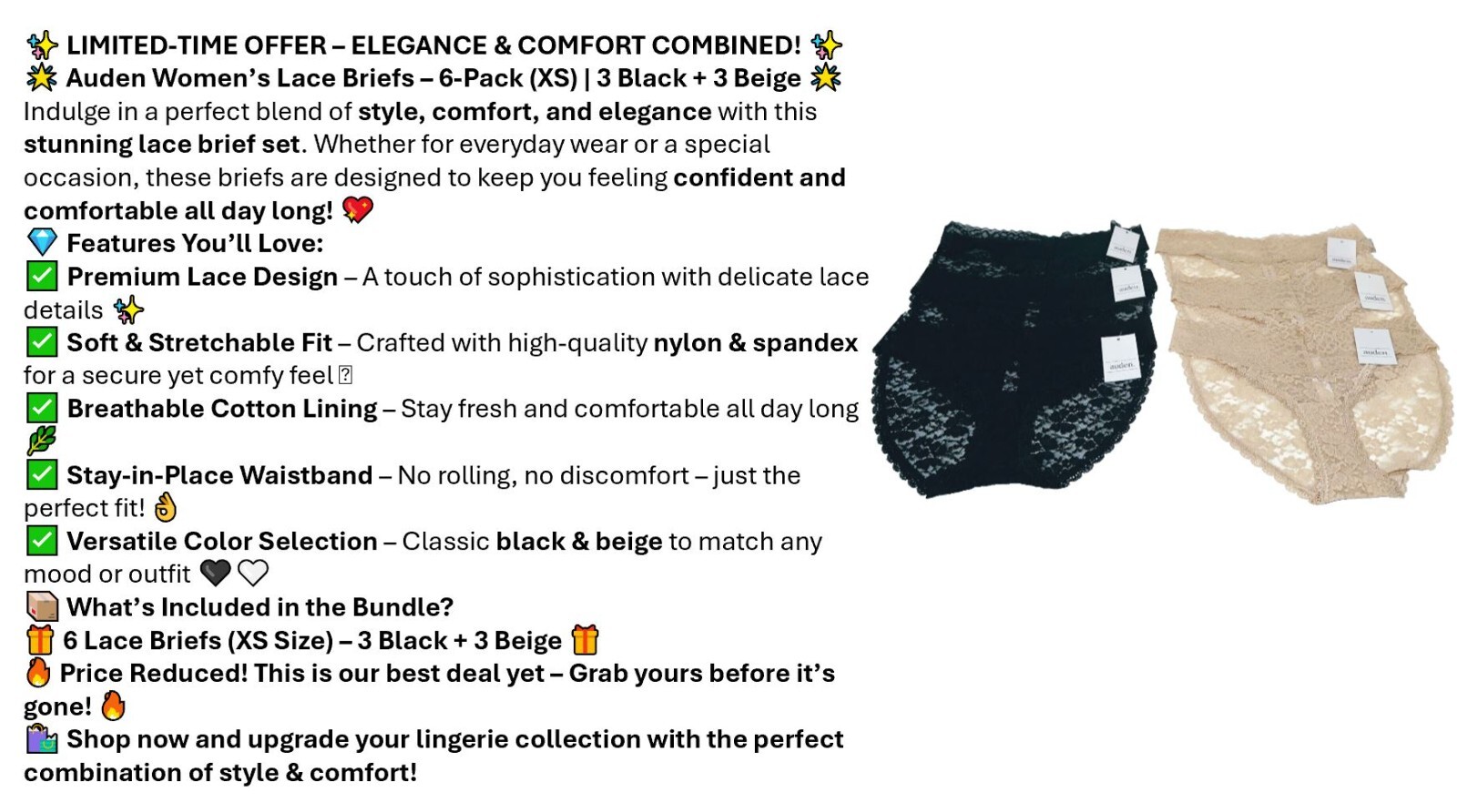 6 PACK Auden Women’s All over Lace Brief Panty Underwear-Size XS-Black & Beige