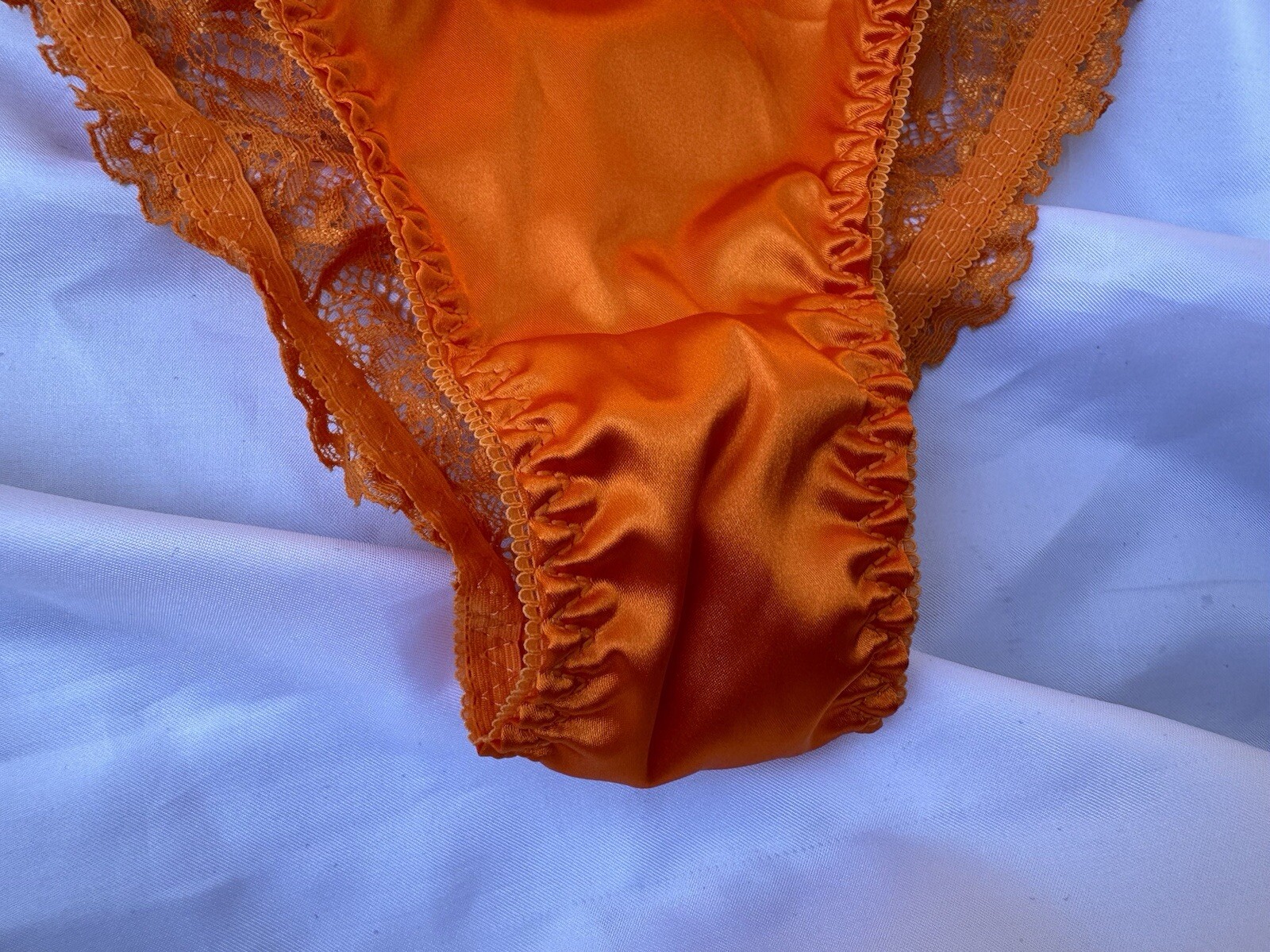 Bright Fall Orange Satin String Bikini Panties Delicate Lace Back Sz Medium