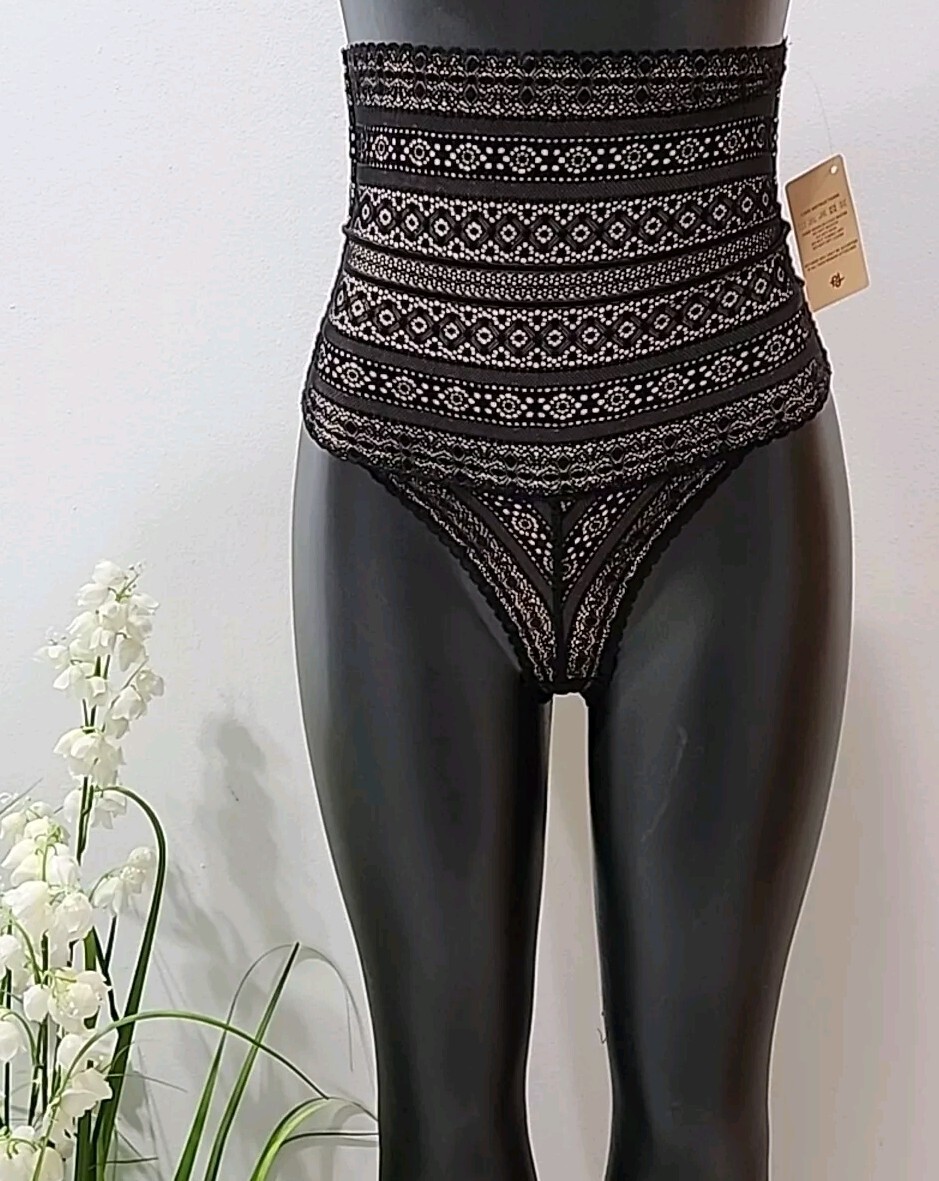 2 Popilush Shaperwear Panties High-waisted Underwear Lace Thong Black Sz Small
