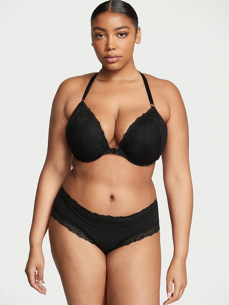 XXL NOIR BLACK Victoria’s Secret Stretch Cotton Lace-Waist & Leg Cheeky Pantie