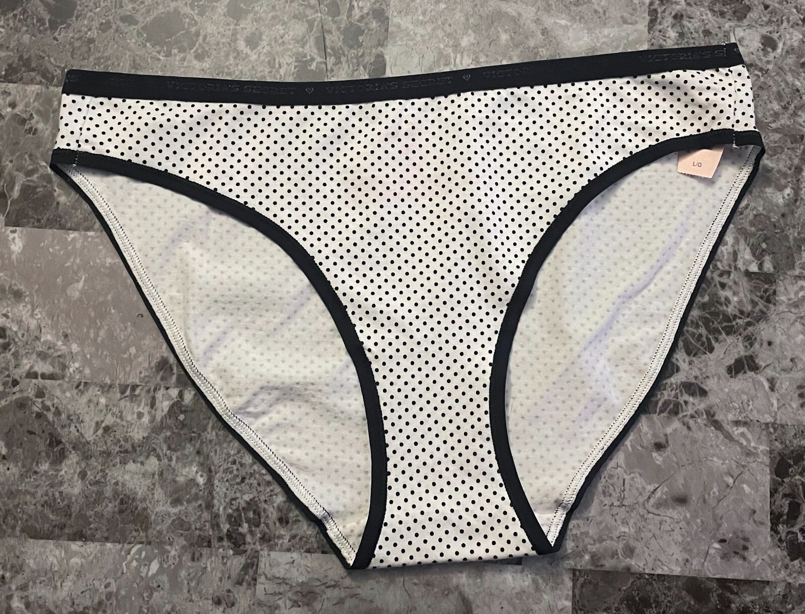 NWT VICTORIA’S SECRET L WHITE BLACK POLKA DOT LOGO WAISTBAND RARE BIKINI PANTIES