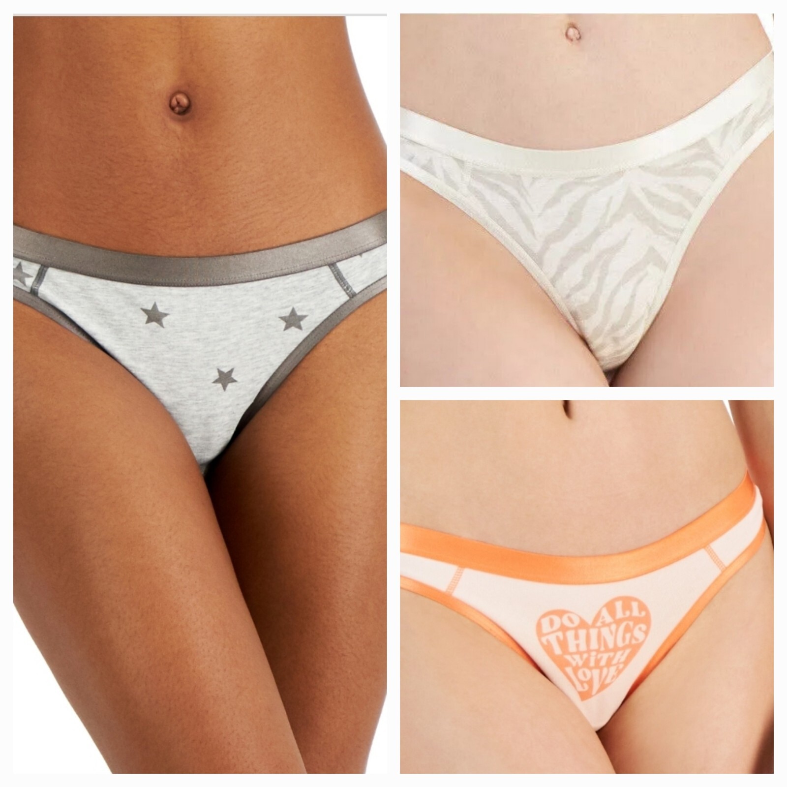 Jenni Cotton Print Satin Trim Thong Gray Orange Beige Tiger Large 3 Pack