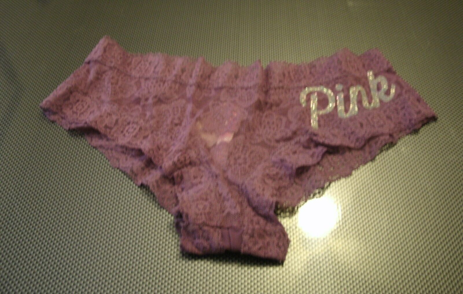 Victoria’s Secret Pink Cheekster / Tanga Purple Lace Trim Glitter Logo M New