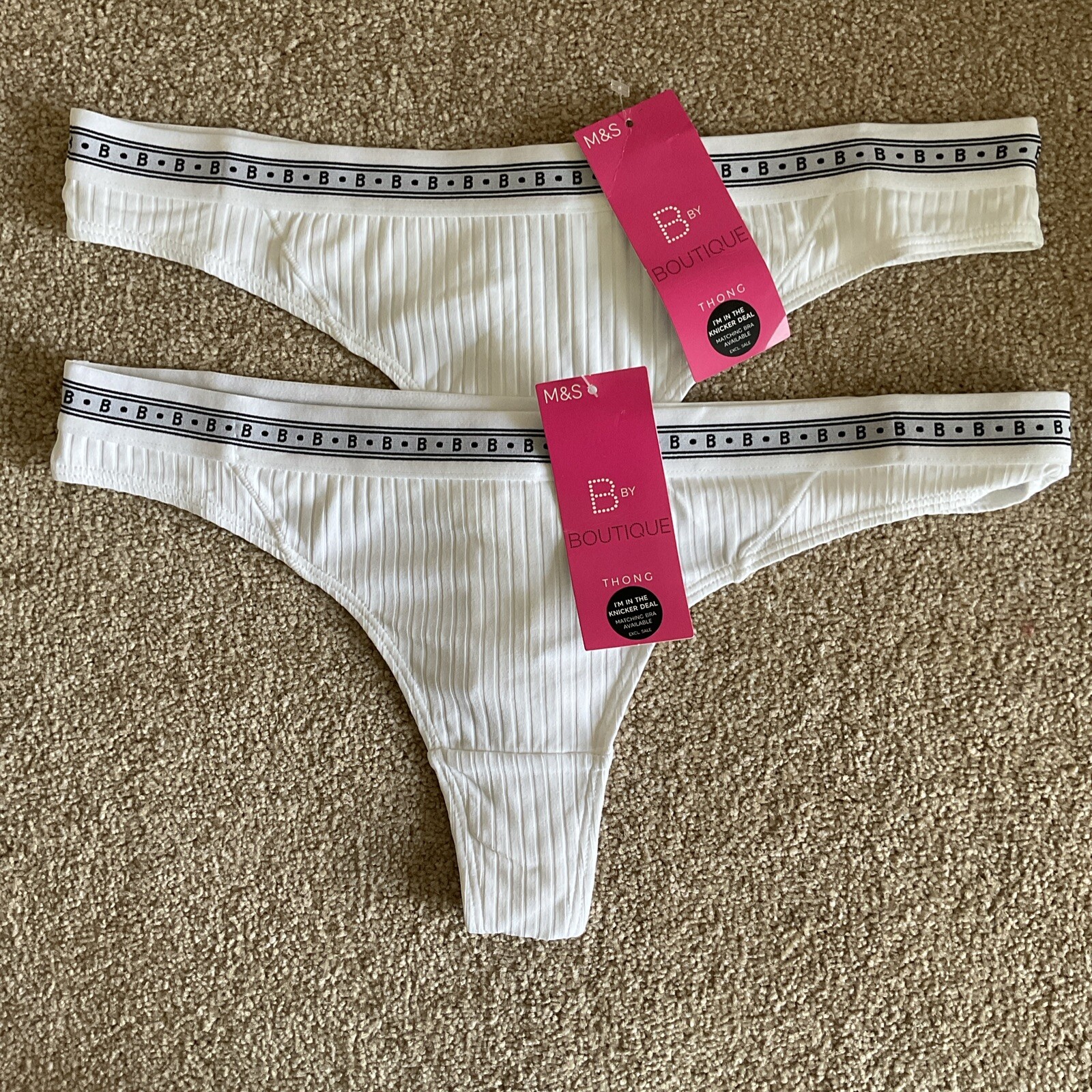 M&S 2 x Size 8 – 10 SMALL Pretty Boutique Ribbed Thong Knickers White S
