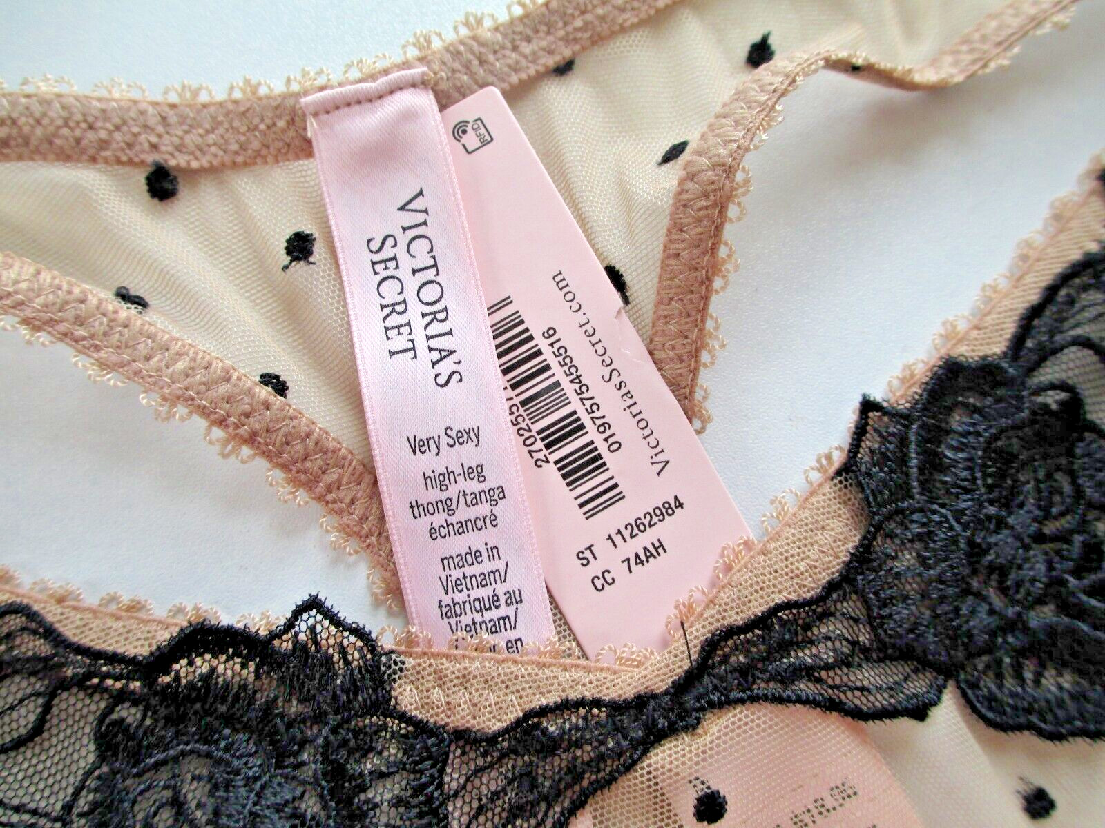 VICTORIA’S SECRET VERY SEXY High Leg Thong Panty VS Beige Black Mesh Dot M L XL