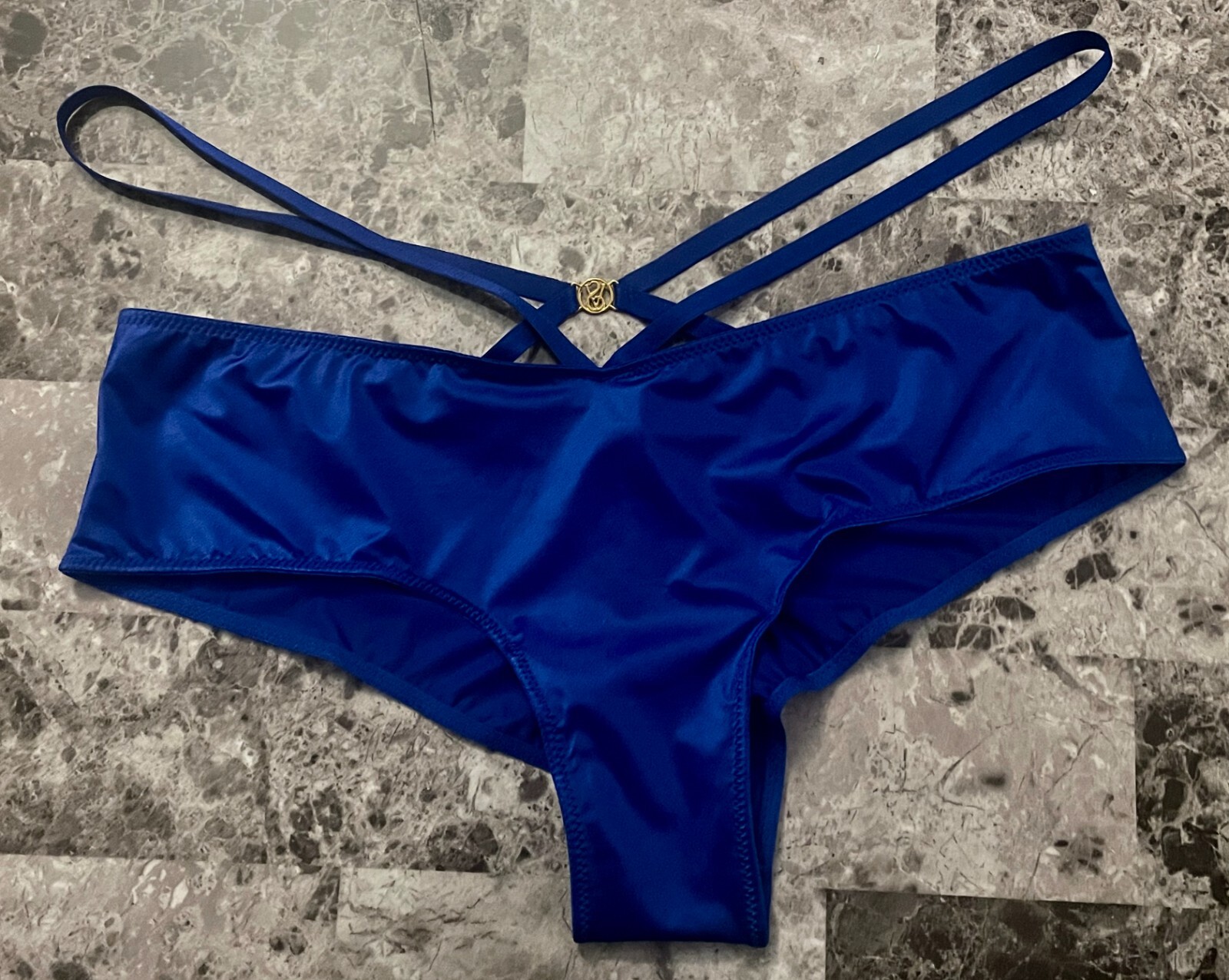 VICTORIA’S SECRET BLUE SATIN SMOOTH LACE STRAPPY GOLD HARDWARE CHEEKY PANTIES
