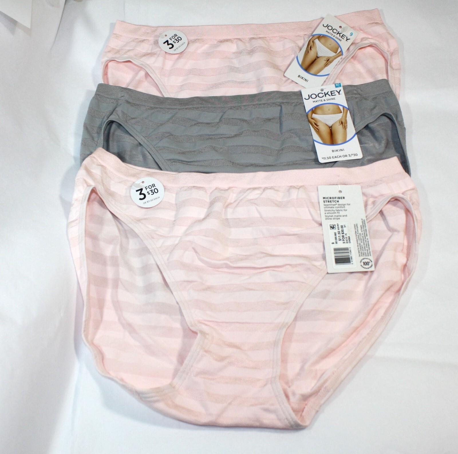 New set of 3 JOCKEY MATTE & SHINE BIKINI Panties 1305 GRAY PALE PINK SZ 9