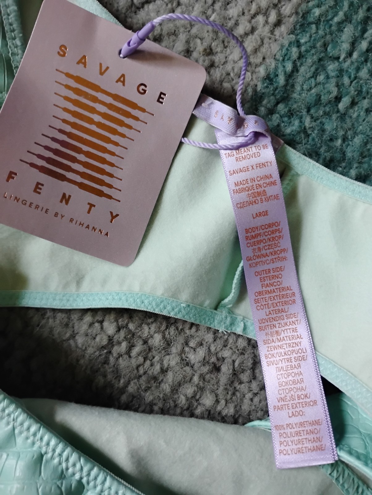 Savage X Fenty Faux Leather Thong NWT Crocodile Print Size Large Teal Blue