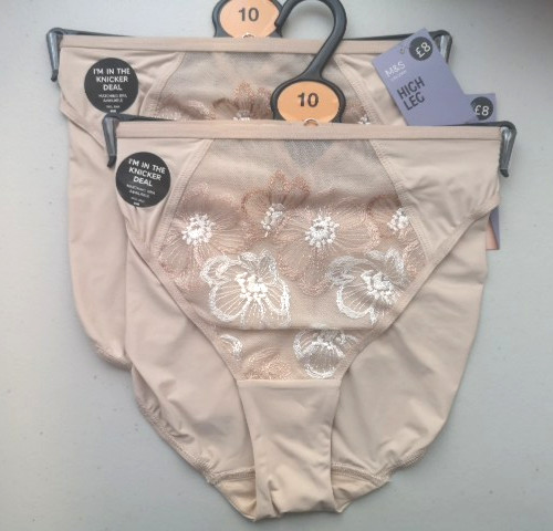 Ladies EX M&S Set of 2 Beige Floral High Leg Knickers Size 10