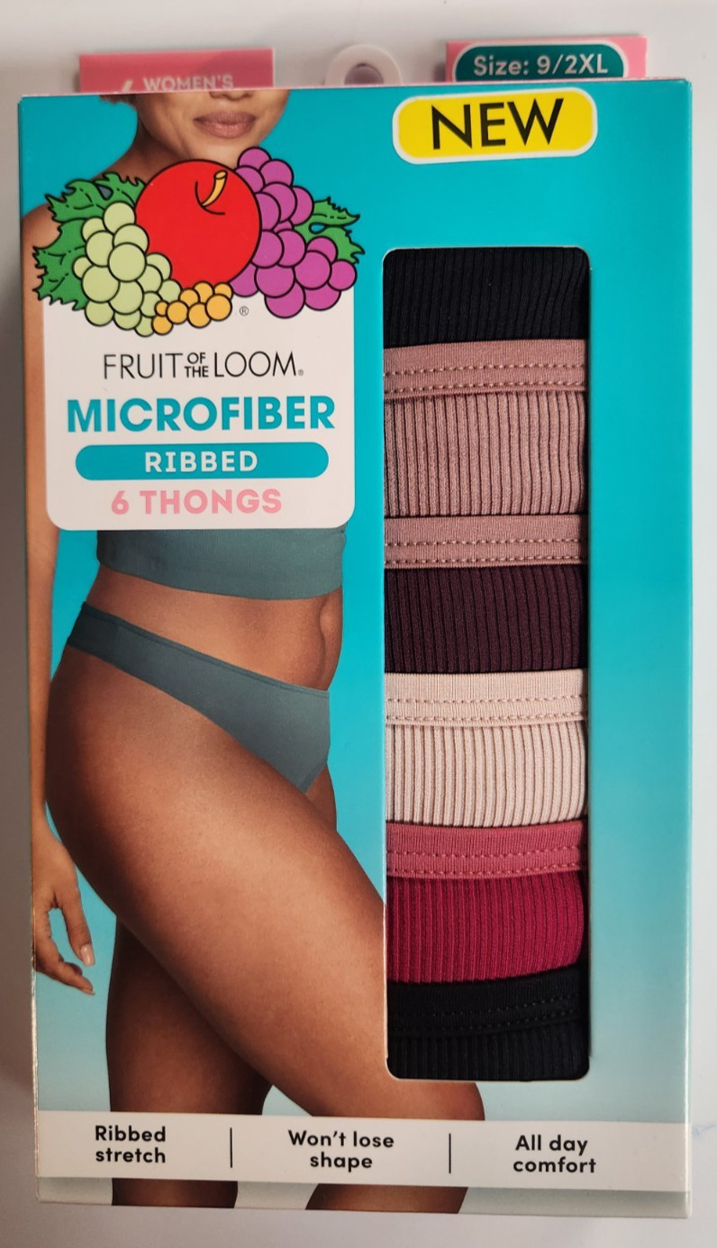 Fruit Of The Loom Women’s 9/2XL Microfiber Ribbed Thong Panties Underwear 6 Pack