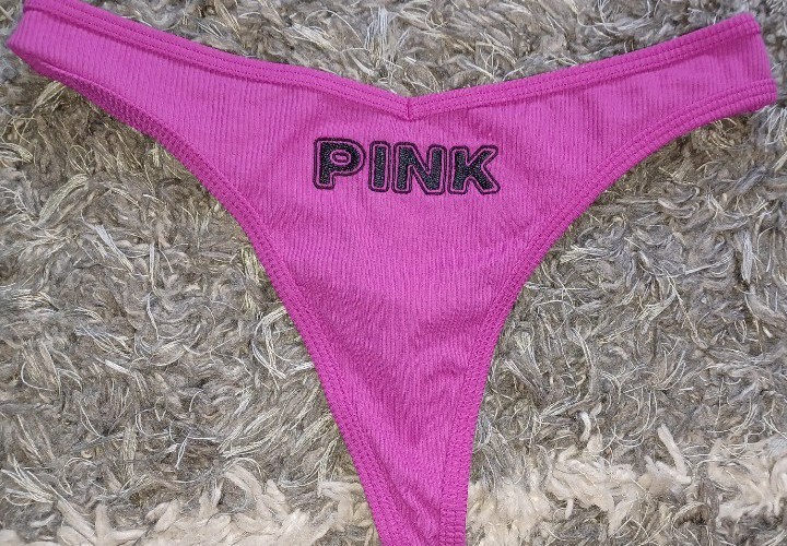 VS pink cotton ribbed thong Panty NEW SIZE Small fushia embroidered logo