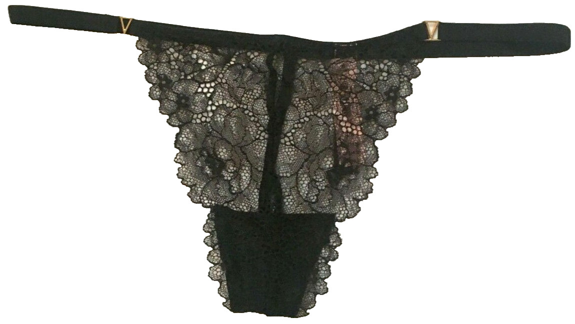 Victorias Secret Very Sexy Black V-String Thong Panties Size L Sheer Lace Logo V