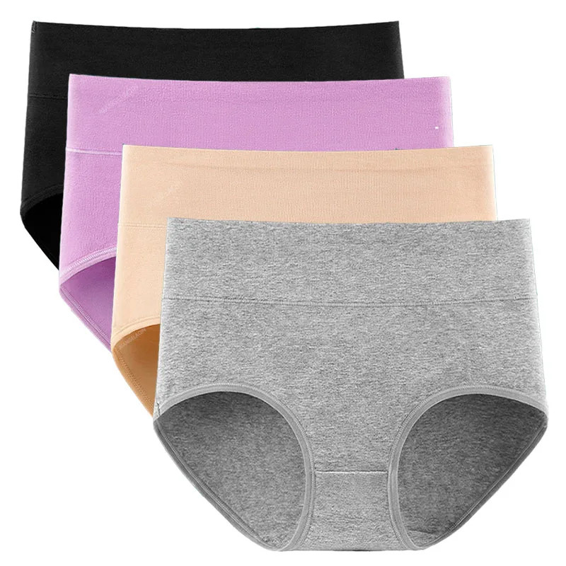 High Waist Cotton Panties Plus Size Women Abdominal Support Full Coverage 4 Pcs