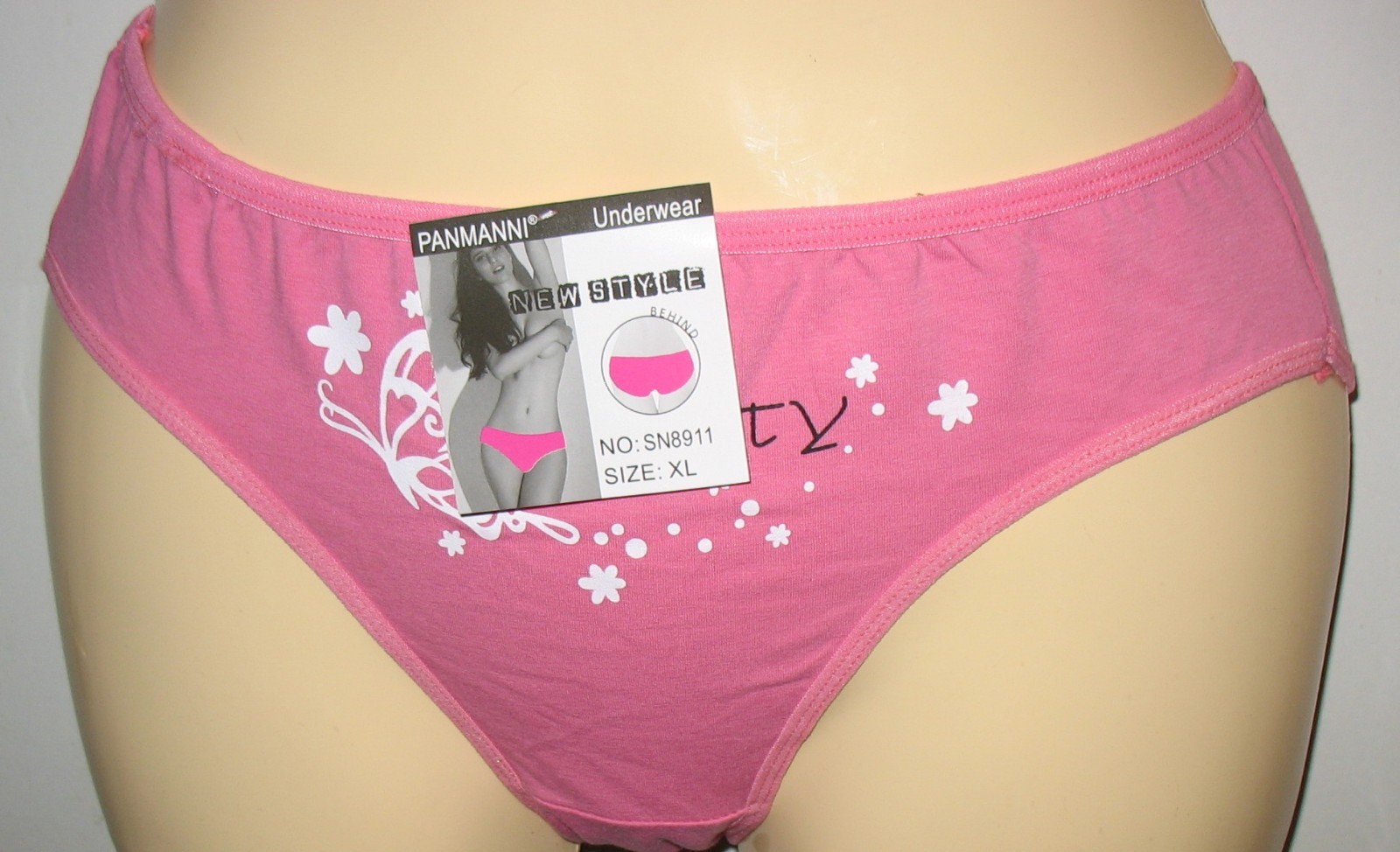 PANMANNI – NEW – SIZE XL – PINK – COTTON STRETCH PANTY ” BEAUTY ” ON FRONT