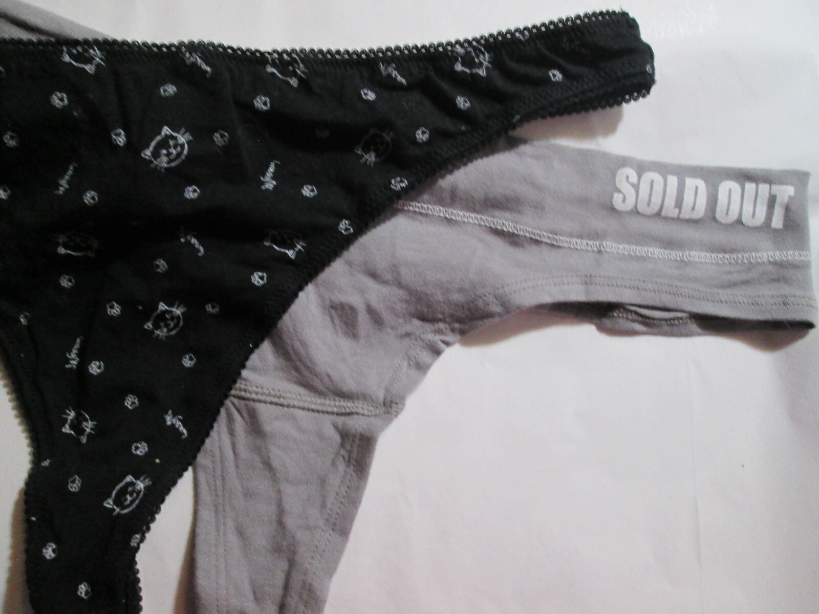 New 2 Cotton Thongs Size XL You get 1 ea Black Kitty Cat Face & Gray ‘Sold Out’