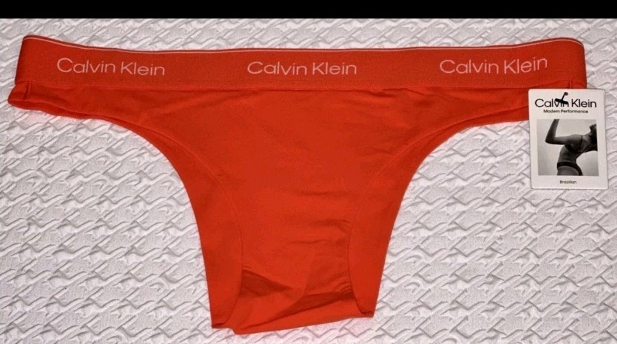 CALVIN KLEIN Modern Performance Fiesta Orange White Brazilian Panty Womens S NWT