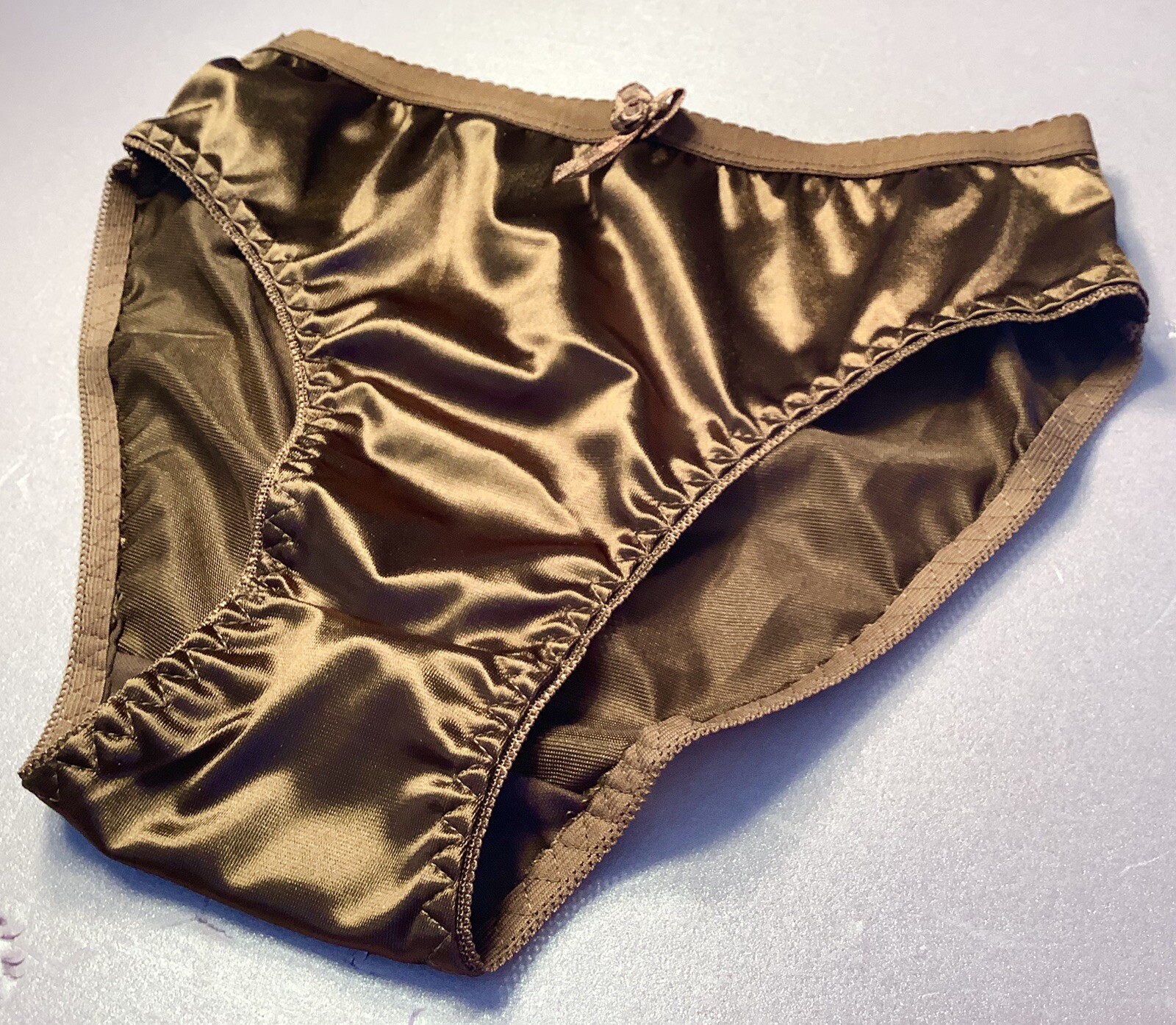 Women Panties Bikinis ANN DIANE Size S. Brown Shiny Satin Soft W/decoration