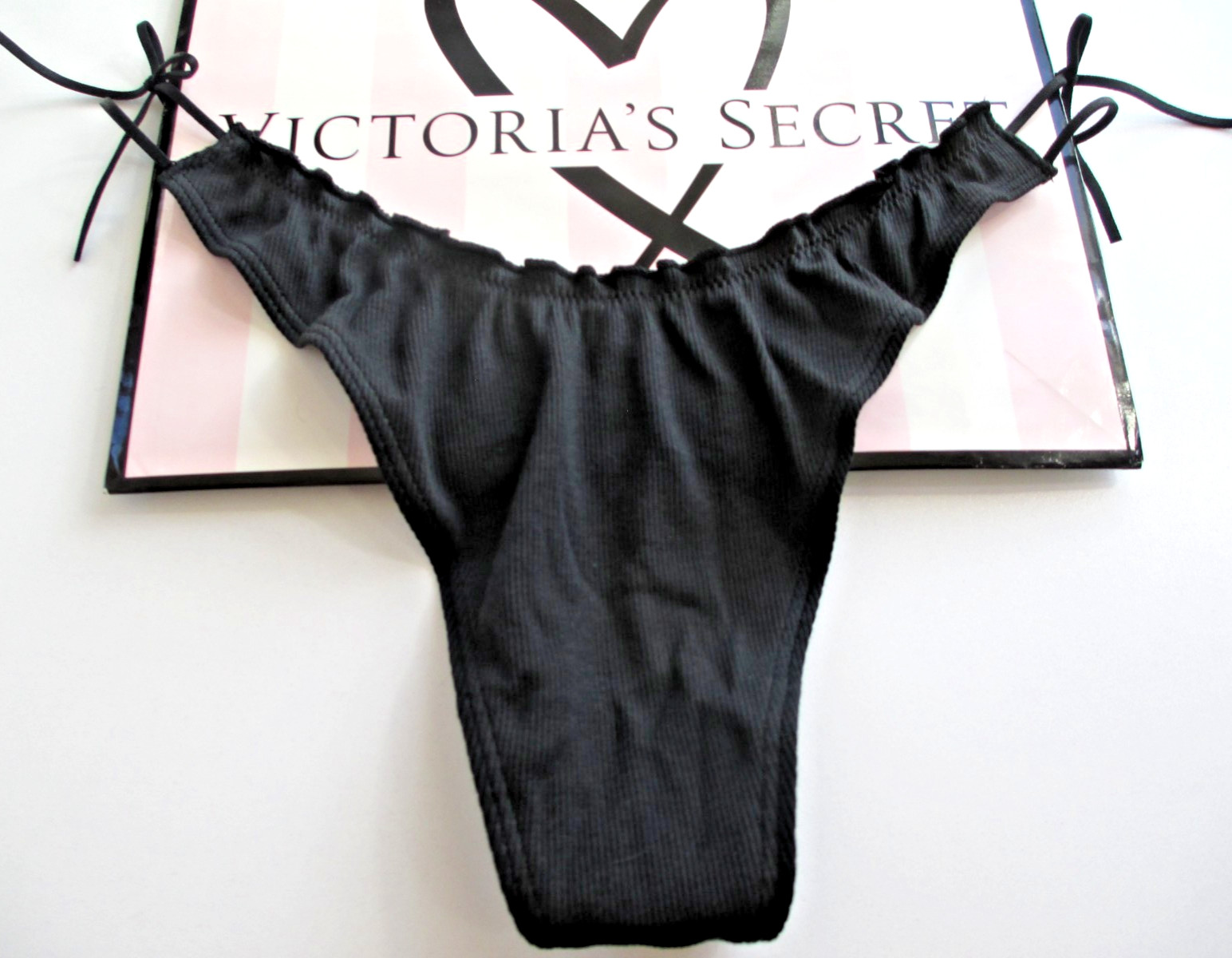 VICTORIA’S SECRET PINK Cotton Side Tie Ruffle Bow High Leg Thong S M L XL Black