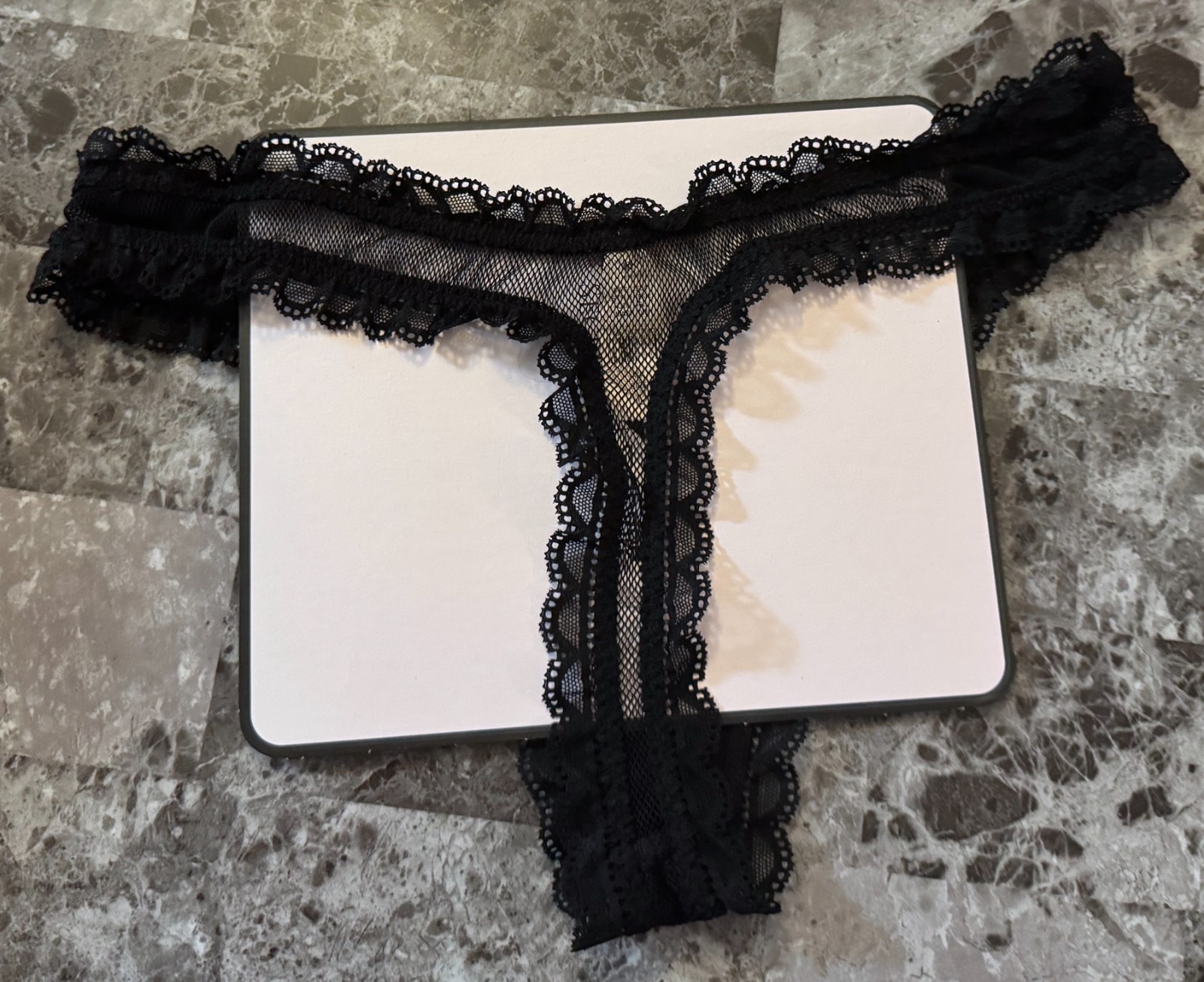 NWT VICTORIA’S SECRET SEXY LITTLE THINGS L BLACK LACE RUFFLE RARE THONG PANTIES
