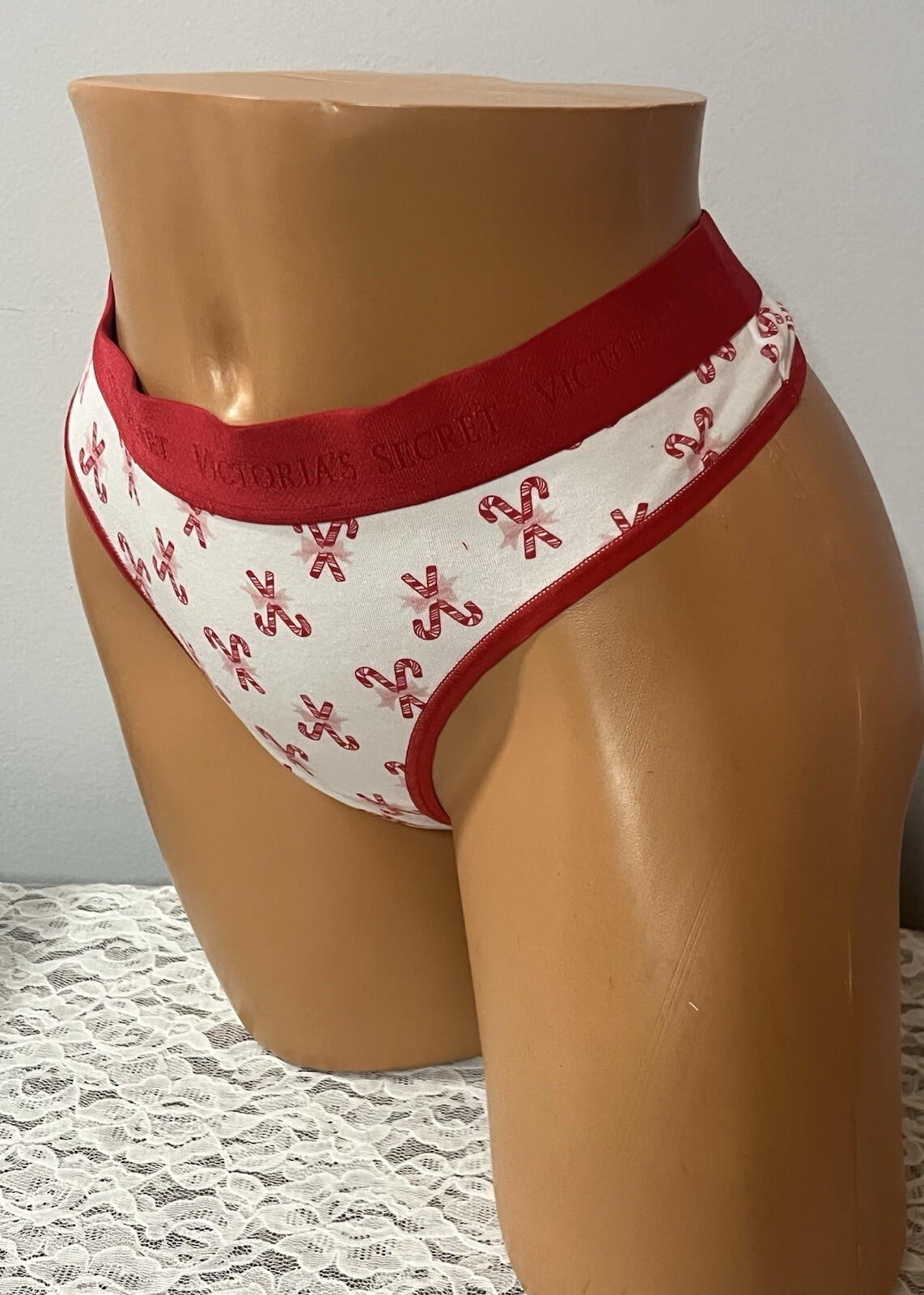 Victoria’s Secret Thong White Candy Cane Panties Logo Waist Size Large