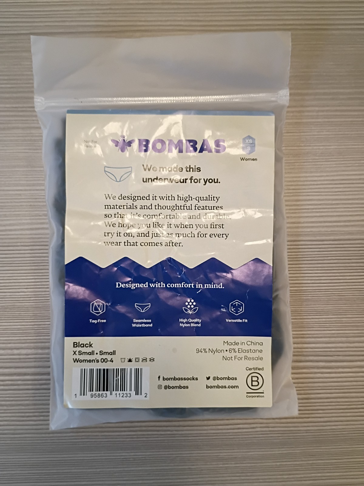 Bombas Women’s Black Seamless Hipster Underwear Size XS/S, M/L and XL/XXL