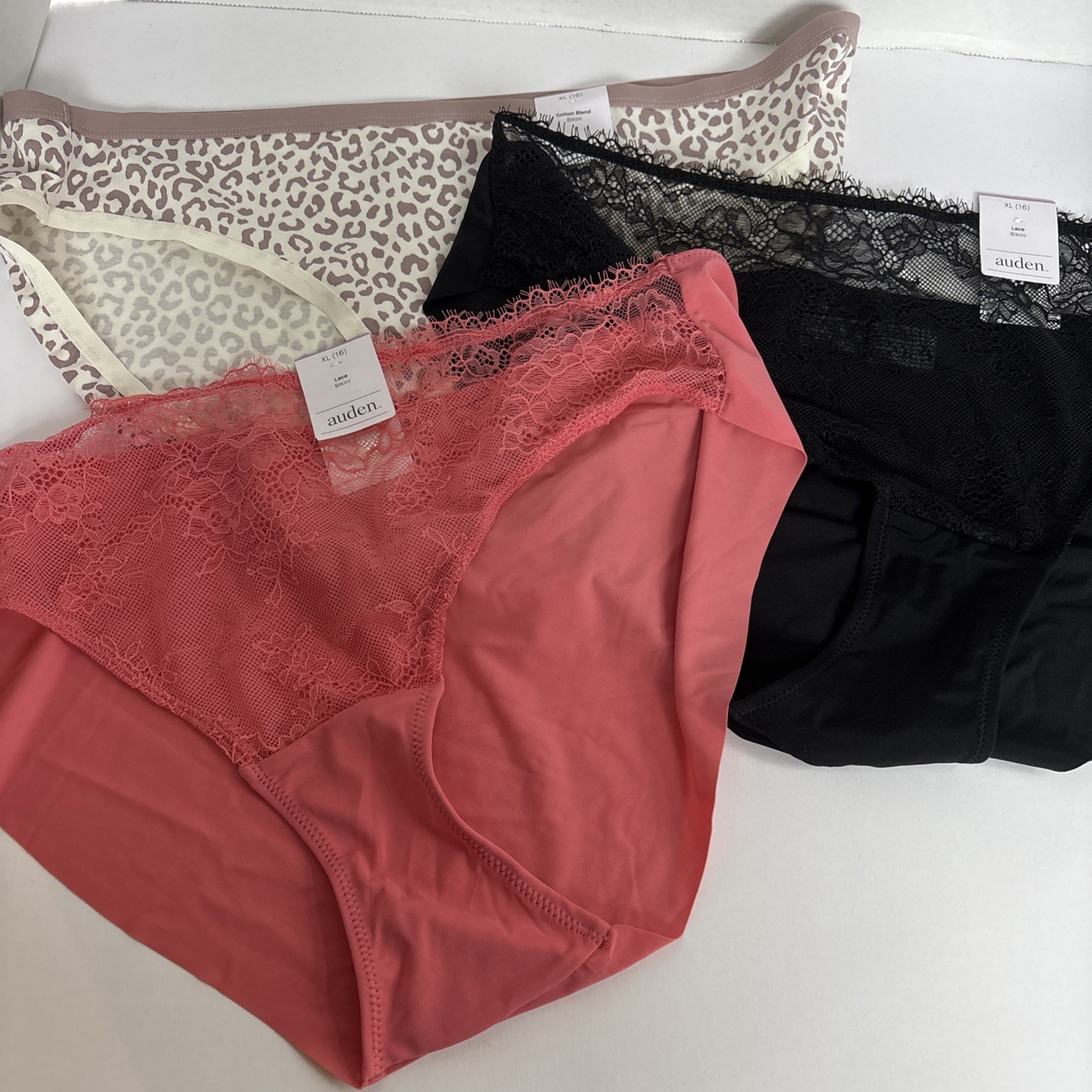 LOT 3 pair Auden women bikini panties Size XL (16) black Coral Animal Print NEW