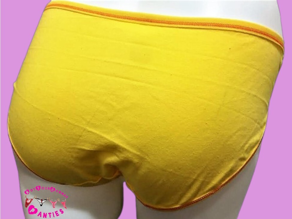 VISION INTIMATE solid yellow w/orange stitching hi-cut briefs w/rhinestones [XL]