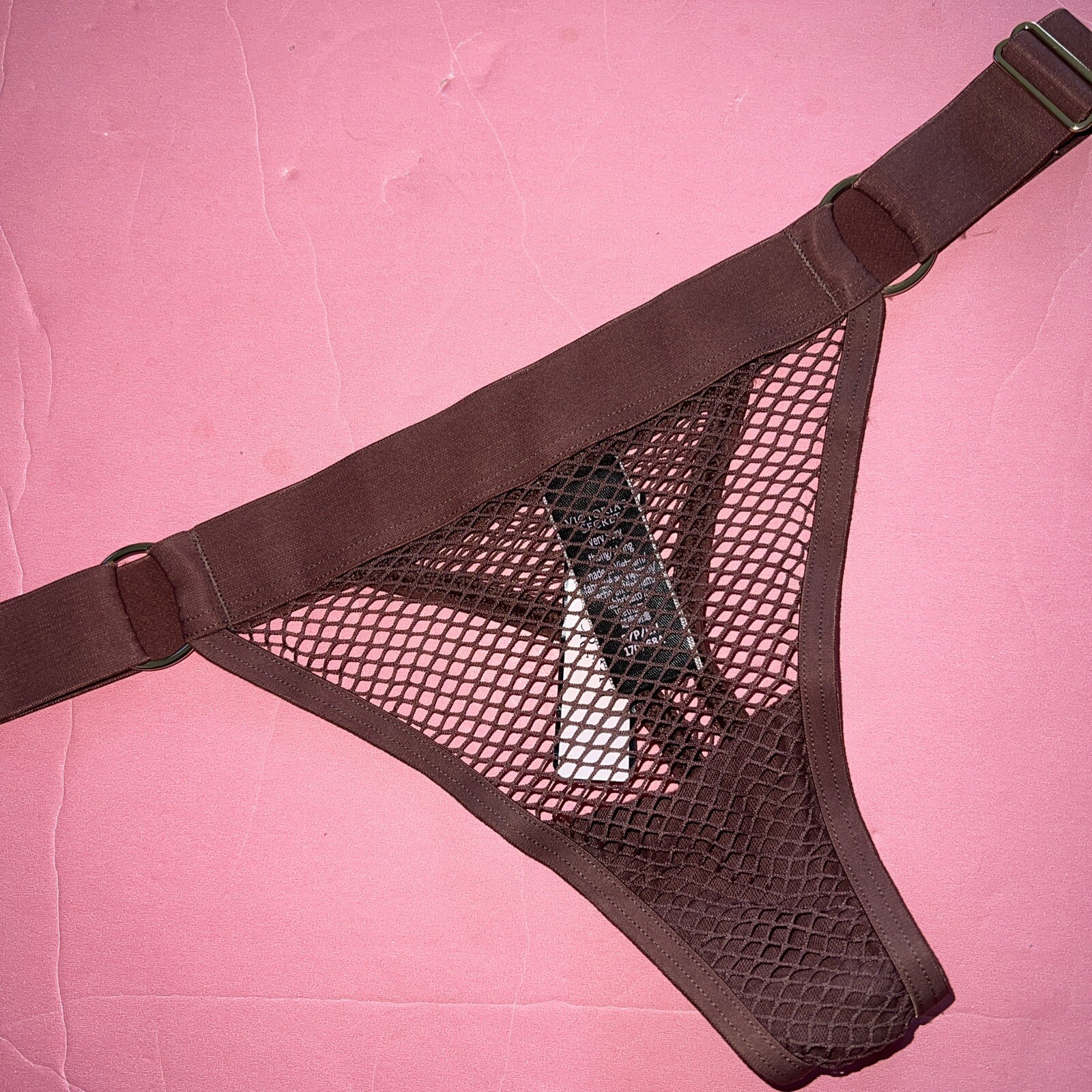 Victoria’s Secret S THONG Panty banded Gold Rings FISHNET LACE BROWN VERY SEXY