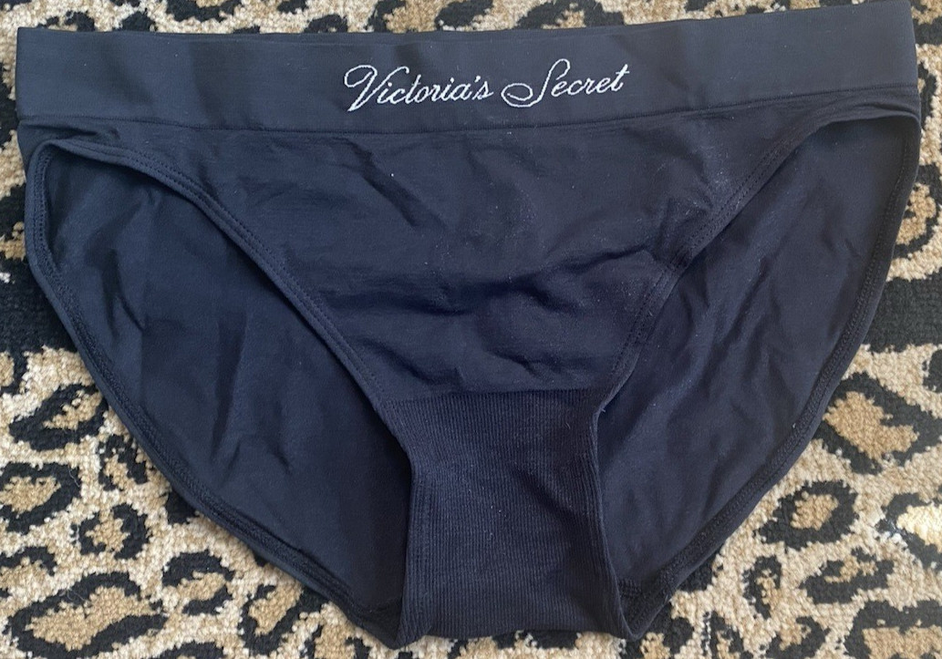 Victorias Secret BLACK BIKINI PANTIES RN54867 Womens Large L Underwear Logo NWT