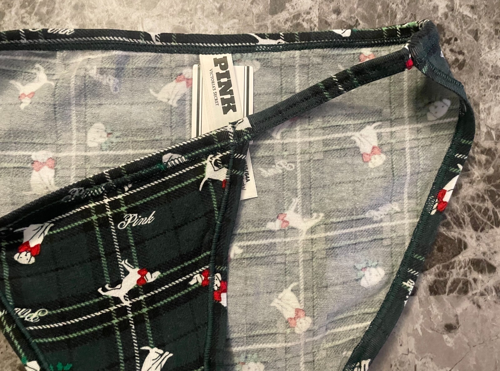 NWT VICTORIA’S SECRET PINK GREEN PLAID HOLIDAY DOG BOW STRING BIKINI PANTIES