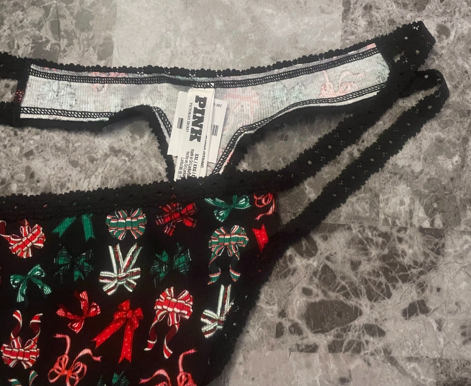 NWT VICTORIA’S SECRET PINK XXL HOLIDAY BOW RIB KNIT DOUBLE STRAPPY THONG PANTIES