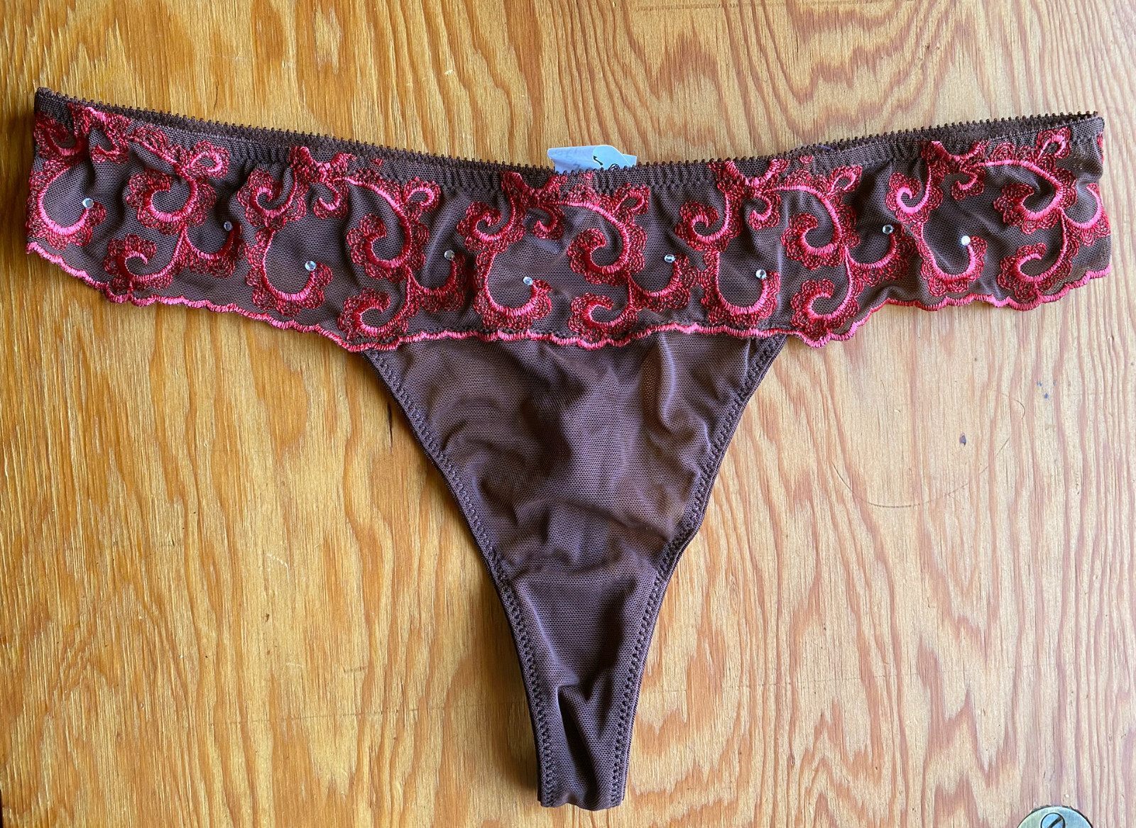 EMOTION Brown & Red Thong Panties Scroll Embroidery Aprox Size M NWOT