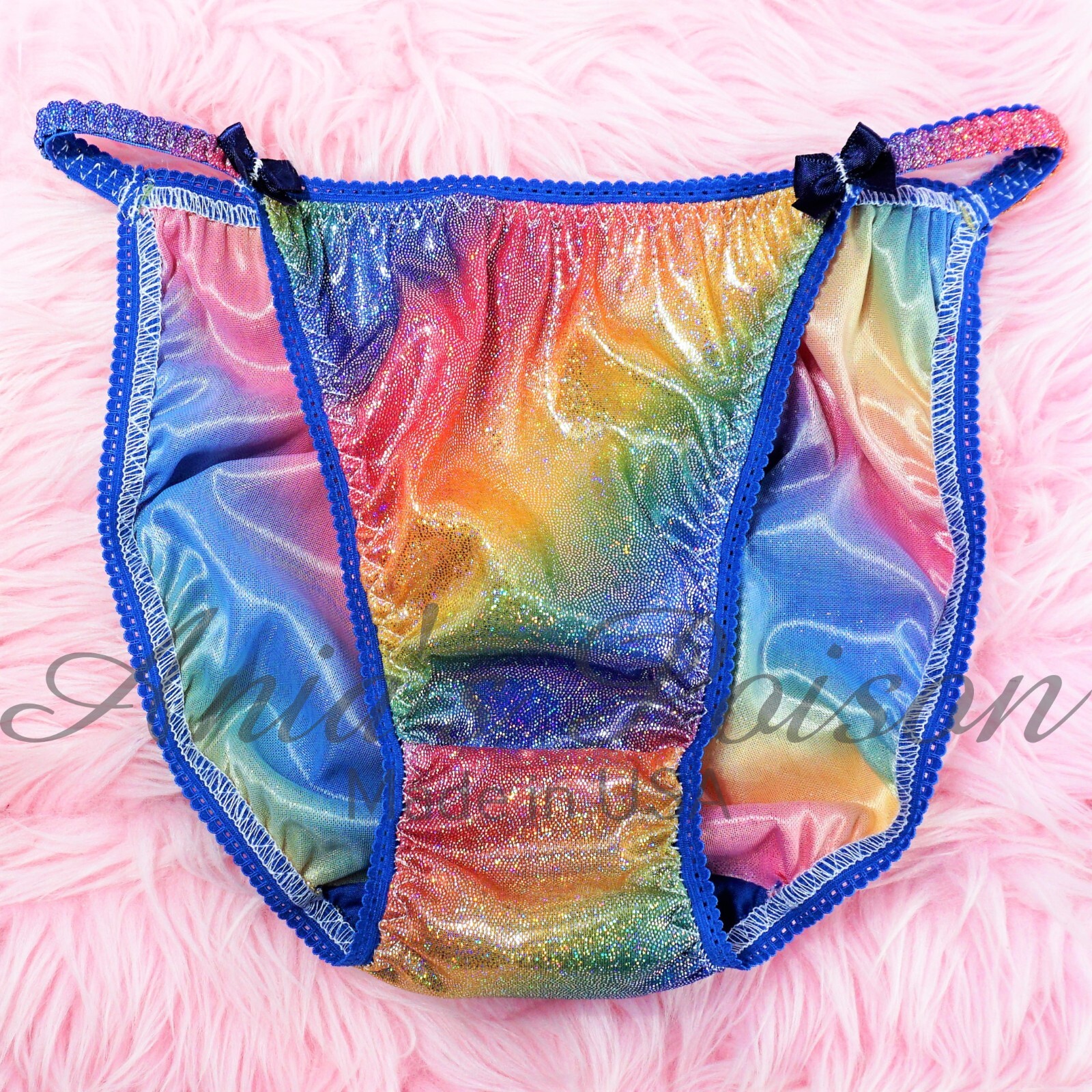 Rainbow sparkle Metallic Foil Sissy DUCHESS CUT ladies string bikini panties 5-9