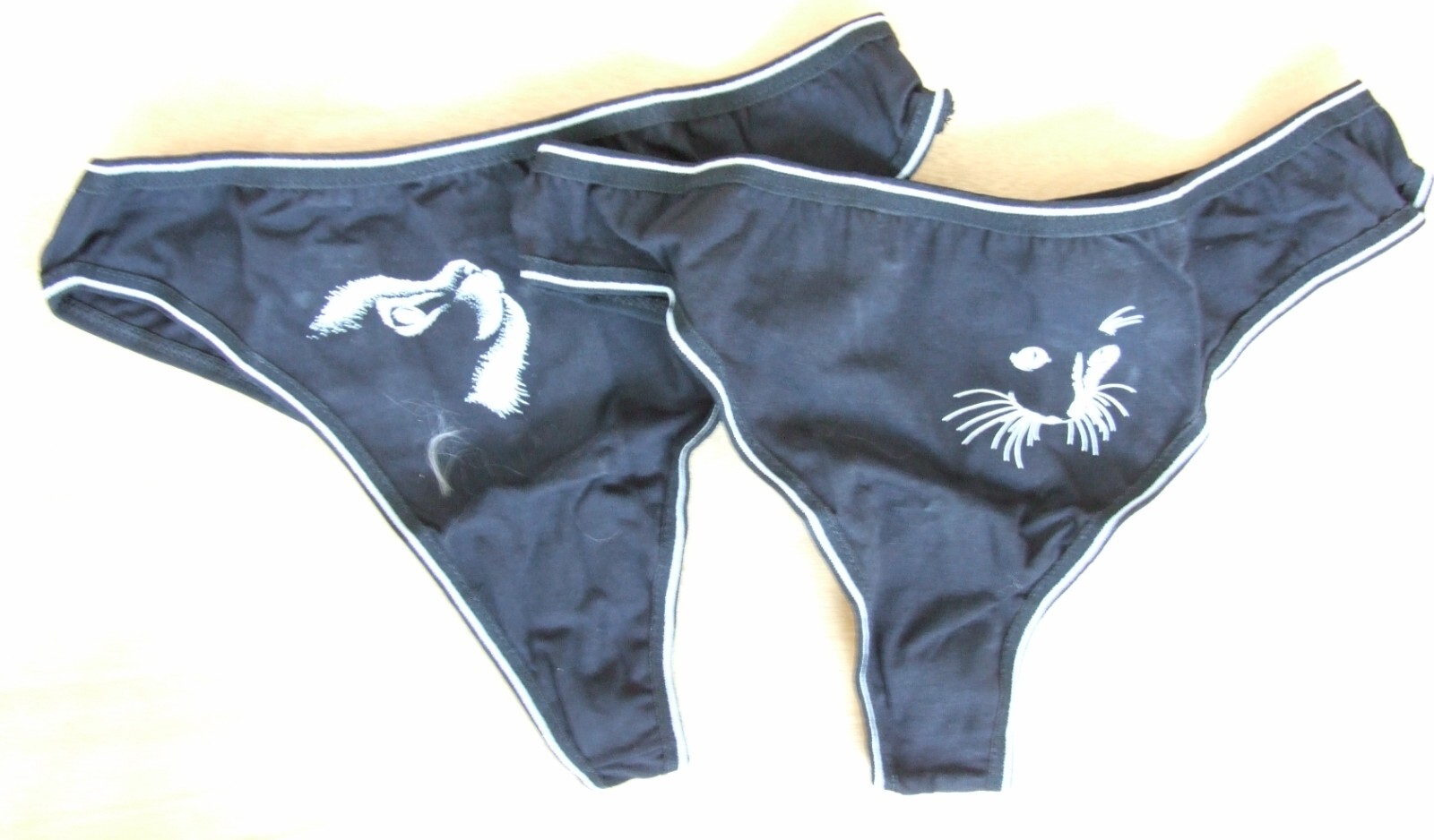 Two ALYA size 10-12 thong knickers panties with Cat Print stretchy cotton Black