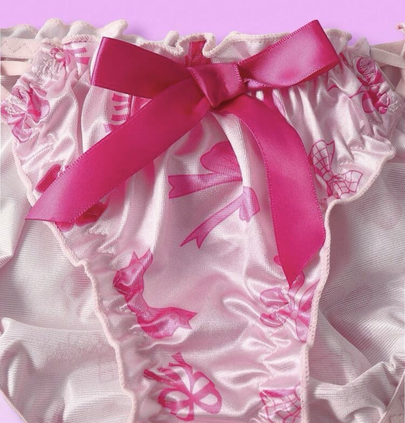Glossy Pink Bow Print Satin Crinkle Edge Babydoll Sissy Bikini Panties XL NEW