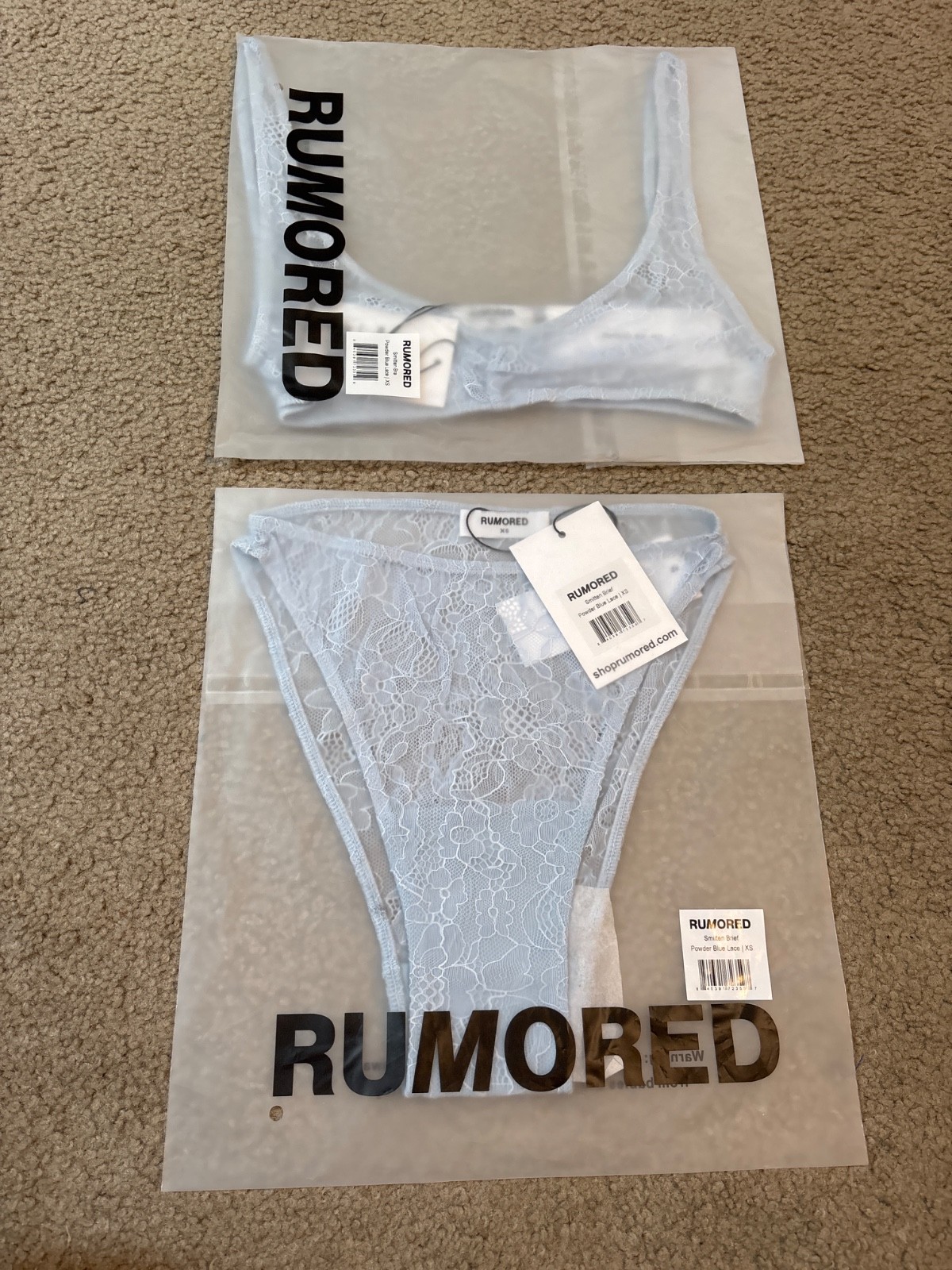 RUMORED NWT Women Smitten Briefs in Powder Blue Lace Lingerie Panties Bra Set XS